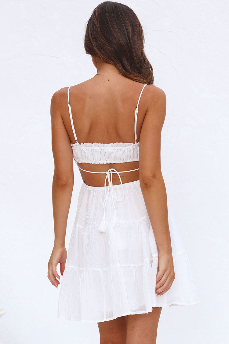 Flowy Frilled Tie Neck Cutout Ruched Flared Summer Mini Sundress - White