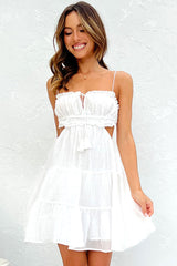 Flowy Frilled Tie Neck Cutout Ruched Flared Summer Mini Sundress - White