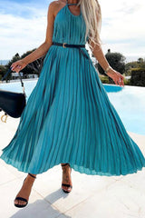 Flowy Halter Smocked Waist A Line Chiffon Pleated Maxi Dress - Azure Blue