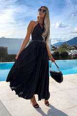 Flowy Halter Smocked Waist A Line Chiffon Pleated Maxi Dress - Black