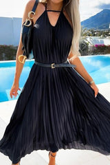 Flowy Halter Smocked Waist A Line Chiffon Pleated Maxi Dress - Black