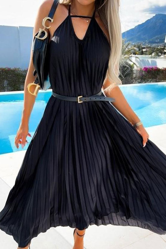 Flowy Halter Smocked Waist A Line Chiffon Pleated Maxi Dress - Black