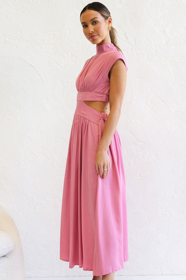 Flowy High Neck Ruched Trim Cutout Waist Summer Midi Sundress - Pink