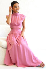 Flowy High Neck Ruched Trim Cutout Waist Summer Midi Sundress - Pink