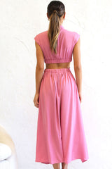 Flowy High Neck Ruched Trim Cutout Waist Summer Midi Sundress - Pink
