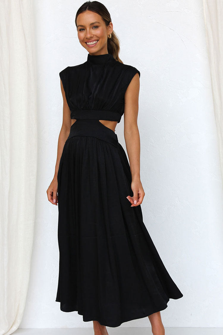 Flowy High Neck Ruched Trim Cutout Waist Summer Midi Sundress Black Rosedress