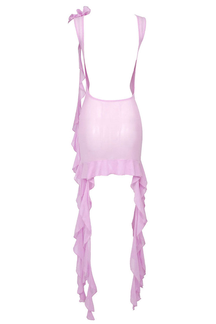 Flowy Ruffle Strap Rosette Corsage Backless Sheer Mesh Mini Dress - Pink