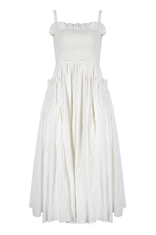 Flowy Ruffled Trim Fit & Flare Sleeveless Cutout Ruched Midi Sundress