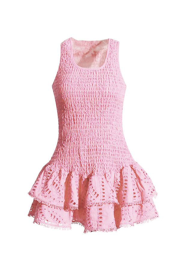 Flowy Scoop Neck Smocked Broderie Anglaise Tiered Ruffle Mini Sundress