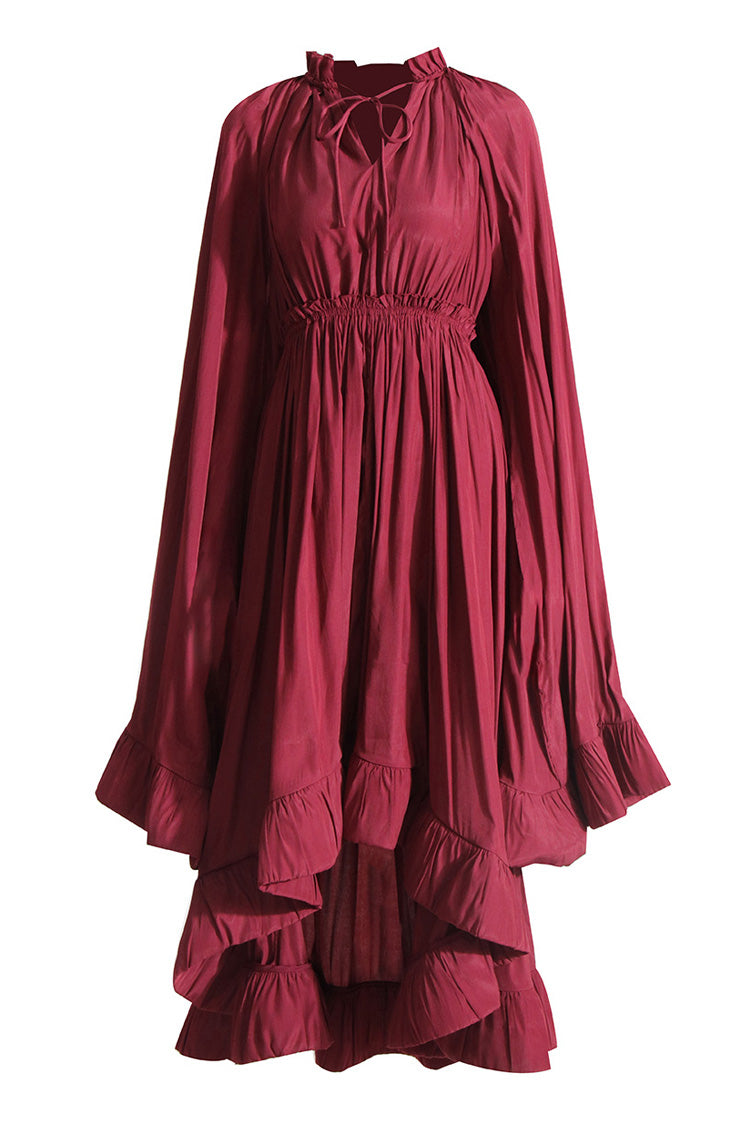 Flowy Tie Neck Cape Sleeve High Waist Ruched Ruffle High Low Dress