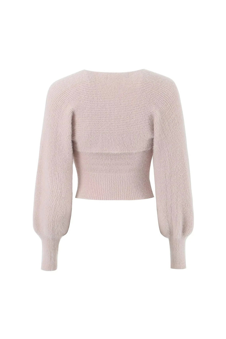 Fluffy Tie Front Knitted Tube Top Long Sleeve Two Piece Shrug Cardigan Set