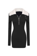 Fluffy Zipper Collar Long Sleeve Bodycon Ribbed Bandage Party Mini Dress