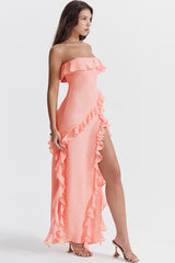 Fluttering Frill Trim Strapless High Split Draped Ruffle Maxi Dress - Pink