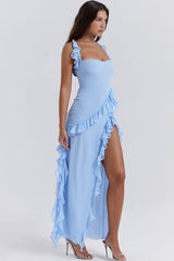 Fluttering Sweetheart Sleeveless High Split Draped Ruffle Maxi Dress - Blue