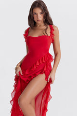 Fluttering Sweetheart Sleeveless High Split Draped Ruffle Maxi Dress - Red
