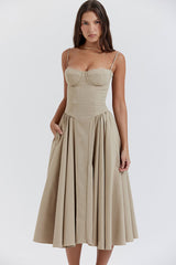 French Bustier Spaghetti Strap Drop Waist Fit & Flare Midi Sundress - Khaki