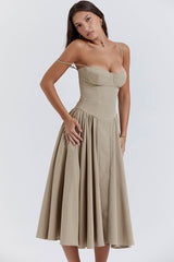 French Bustier Spaghetti Strap Drop Waist Fit & Flare Midi Sundress - Khaki