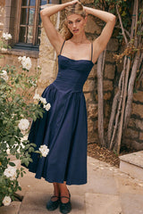 French Bustier Spaghetti Strap Drop Waist Fit & Flare Midi Sundress - Navy Blue