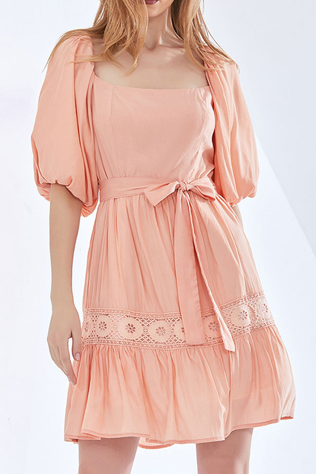 French Fit & Flare Ruched Trim Crochet Trim Puff Sleeve Mini Dress - Orange Pink
