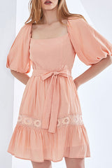 French Fit & Flare Ruched Trim Crochet Trim Puff Sleeve Mini Dress - Orange Pink