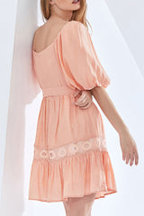 French Fit & Flare Ruched Trim Crochet Trim Puff Sleeve Mini Dress - Orange Pink