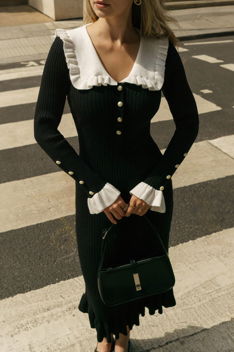 French Peter Pan Collar Half Button Ruffle Long Sleeve Sweater Midi Dress - Black