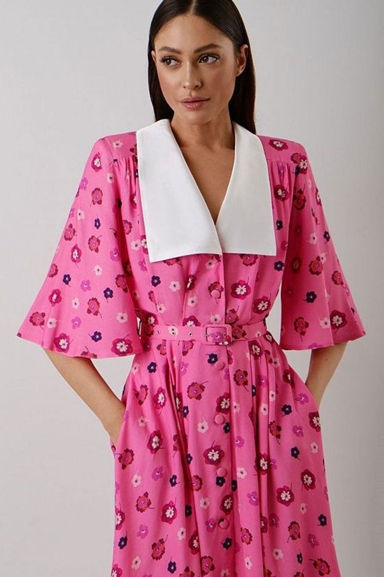 French Spread Collar Short Sleeve Button Down Floral Midi Dress - Pink