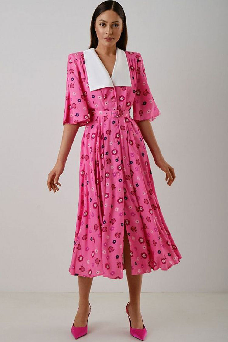 French Spread Collar Short Sleeve Button Down Floral Midi Dress - Pink