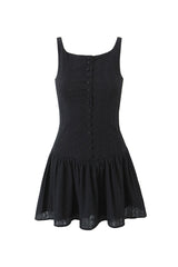 French Style Embroidered Boat Neck Button Up Drop Waist Party Mini Sundress