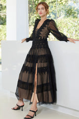 French Style Lace Neck Puff Sleeve Split Dotted Tulle Evening Maxi Dress - Black