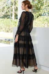 French Style Lace Neck Puff Sleeve Split Dotted Tulle Evening Maxi Dress - Black