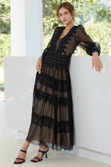 French Style Lace Neck Puff Sleeve Split Dotted Tulle Evening Maxi Dress - Black