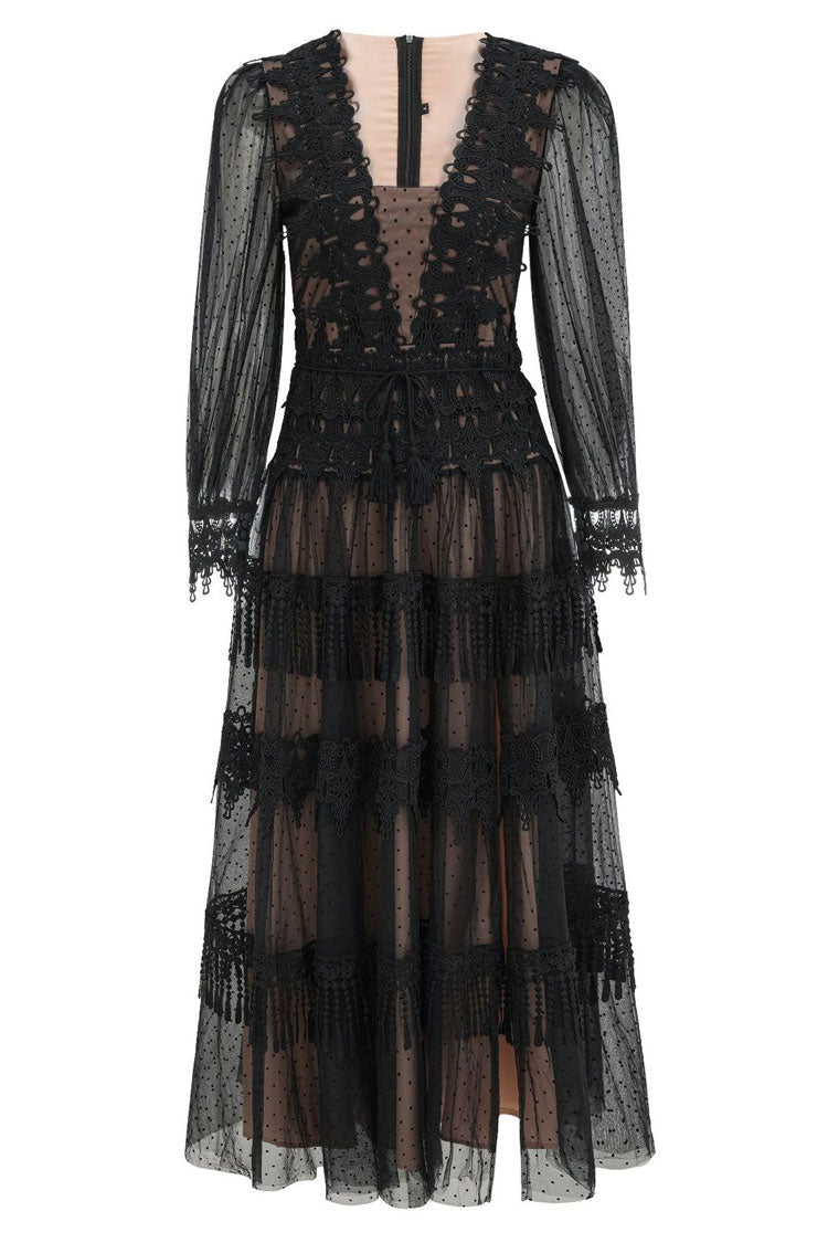 French Style Lace Neck Puff Sleeve Split Dotted Tulle Evening Maxi Dress - Black