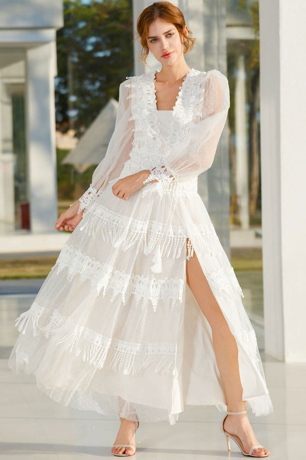 French Style Lace Neck Puff Sleeve Split Dotted Tulle Evening Maxi Dress - White