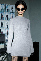 French Style Mock Neck Long Sleeve Chunky Rib Knit Winter Sweater Mini Dress - Gray