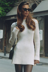 French Style Mock Neck Long Sleeve Chunky Rib Knit Winter Sweater Mini Dress - White