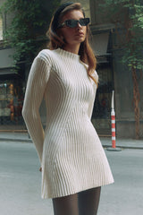 French Style Mock Neck Long Sleeve Chunky Rib Knit Winter Sweater Mini Dress - White