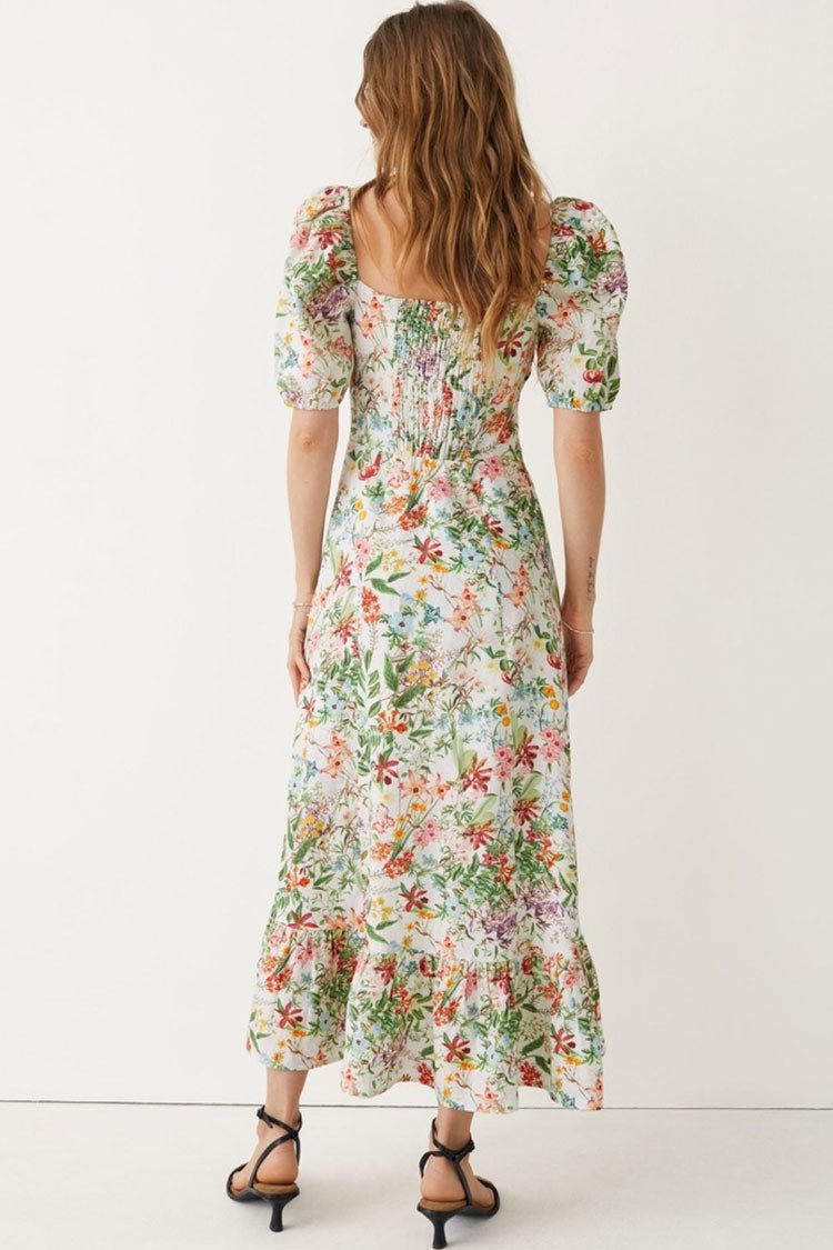 French Style Puff Sleeve Smocked Floral Printed Split Linen Midi Dress - Green