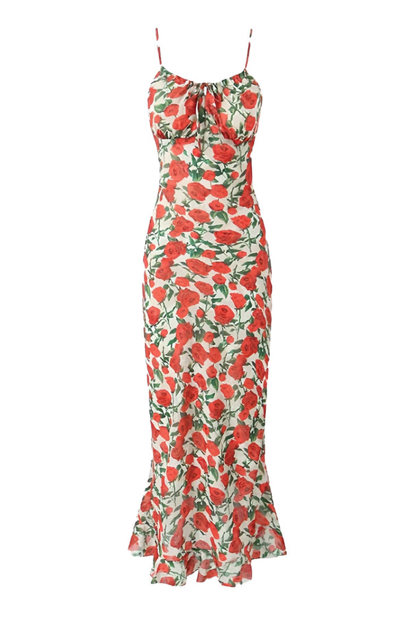 French Style Ruched Tie Neck Floral Print Chiffon Fishtail Slip Maxi Sundress