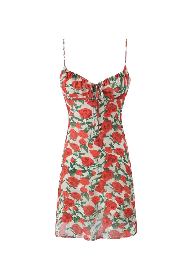French Style Ruched Tie Neck Floral Printed Summer Slip Mini Sundress