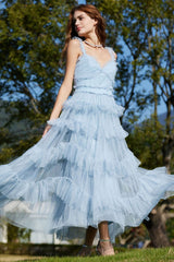 French Style Ruffle V Neck Sleeveless Tiered Tulle Evening Maxi Dress - Blue