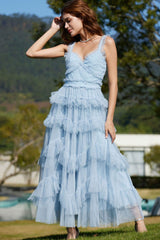 French Style Ruffle V Neck Sleeveless Tiered Tulle Evening Maxi Dress - Blue