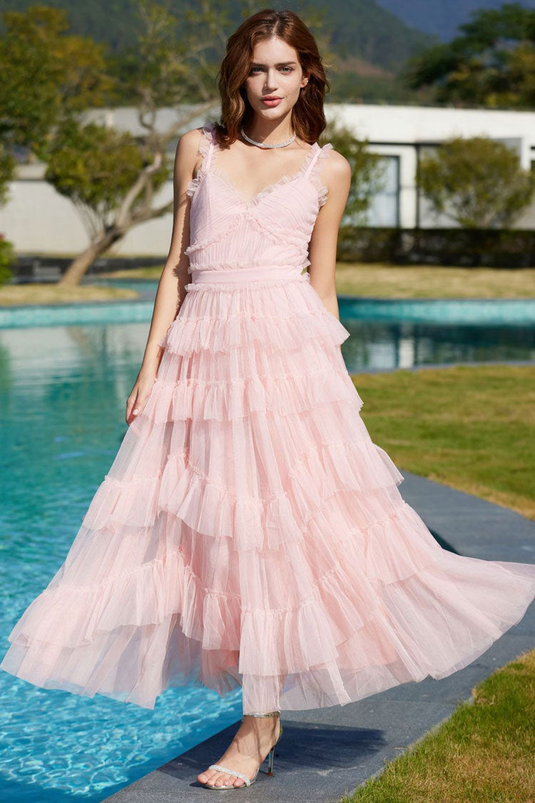 French Style Ruffle V Neck Sleeveless Tiered Tulle Evening Maxi Dress - Pink