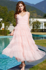 French Style Ruffle V Neck Sleeveless Tiered Tulle Evening Maxi Dress - Pink