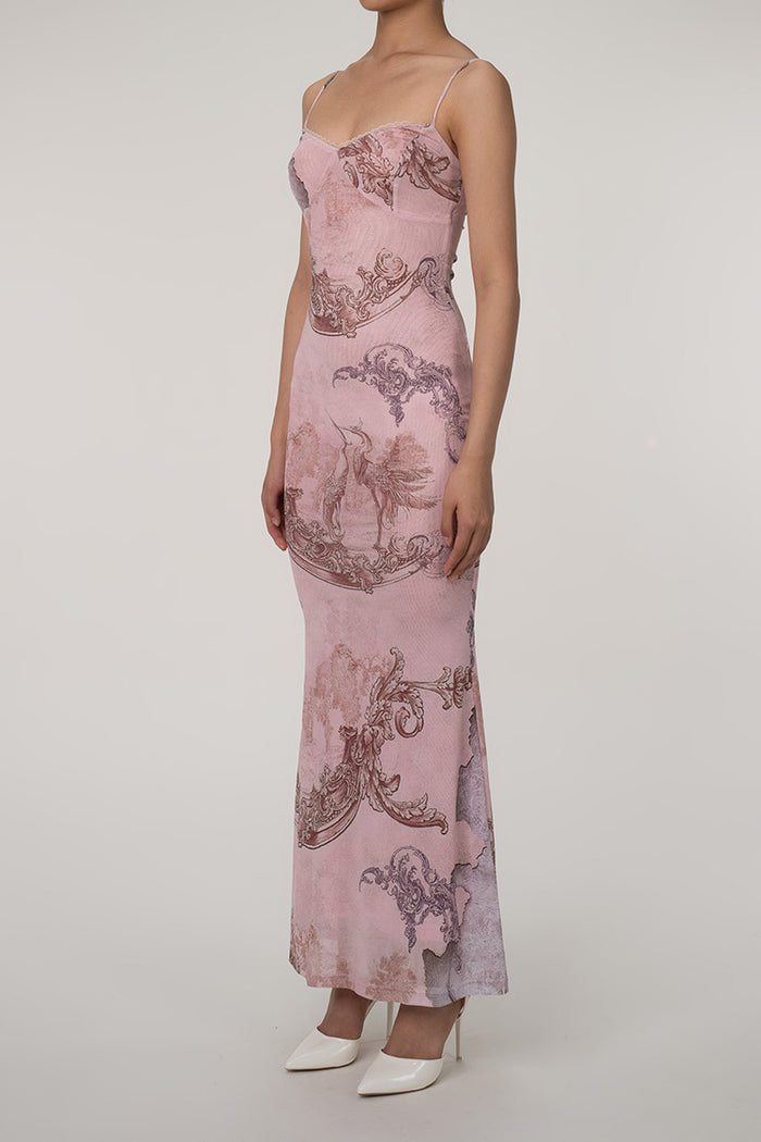 French Style Scalloped V Neck Crane Print Mesh Fishtail Slip Maxi Dres Rosedress