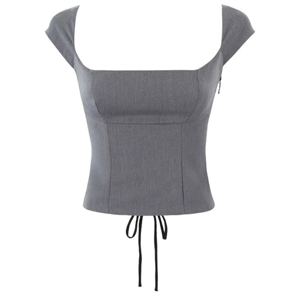 トップス LACE SQUARE HEART NECK SHORT SLEEVE GREY LACE SQUARE HEART NECK SHORT SLEEVE GREY | ファッション通販