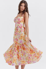 French Sweetheart Fit and Flare Ruffle Floral Printed Midi Sundress - Beige