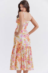 French Sweetheart Fit and Flare Ruffle Floral Printed Midi Sundress - Beige