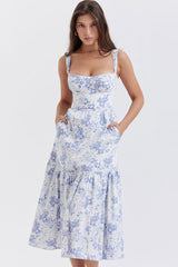 French Sweetheart Fit and Flare Ruffle Floral Printed Midi Sundress - Blue