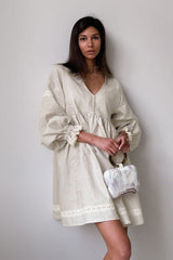 French V Neck Balloon Sleeve Empire Waist Linen Blend Babydoll Mini Dress
